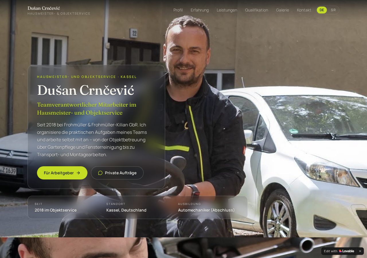 Dušan Crnčević — Startbereich mit Arbeitgeber-/Privatkunden-Einstieg